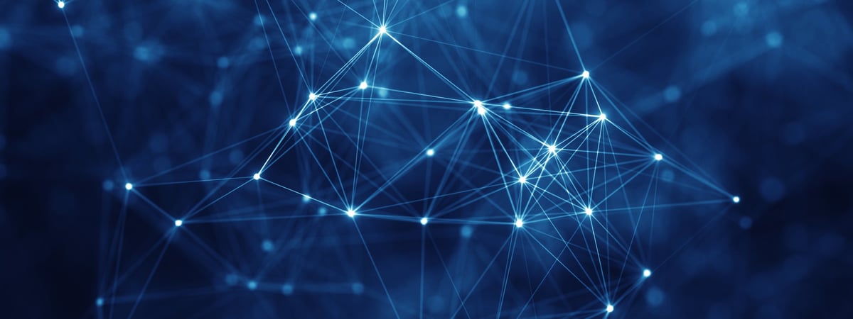 Abstract Digital Network Background With Glowing Nodes And Connecting Lines Representing Data Flow, Artificial Intelligence, Big Data, Cloud Computing, And Modern Technology Communication Systems.
